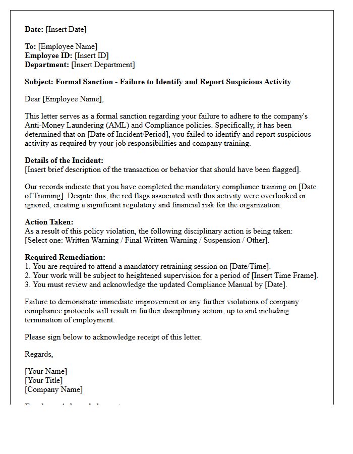 Employee Sanction Letter for Failure to Identify and Report Suspicious Activity