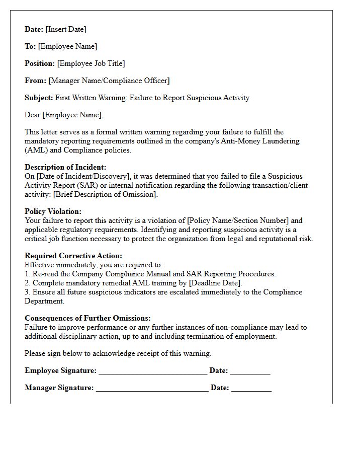 First Written Warning Letter for Omission of Suspicious Activity Reporting