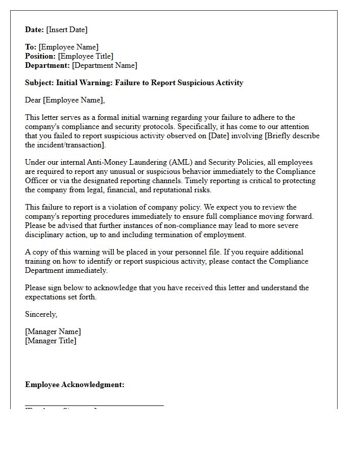 Initial Warning Letter for Failure to Report Suspicious Activity