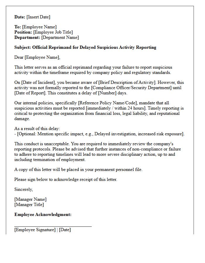 Official Reprimand Letter for Delayed Suspicious Activity Reporting