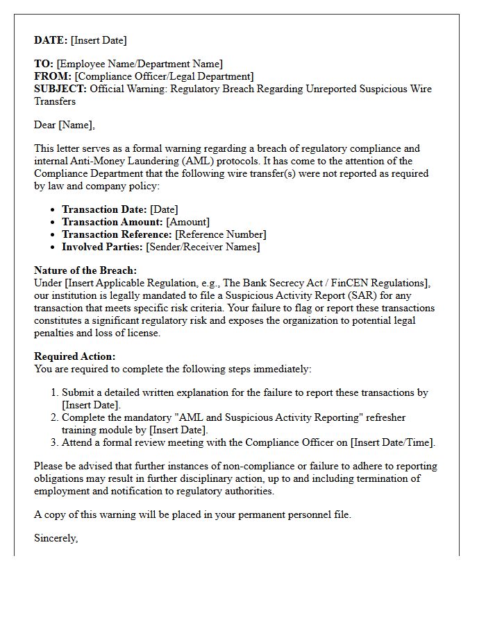 Regulatory Breach Warning Letter for Unreported Suspicious Wire Transfers