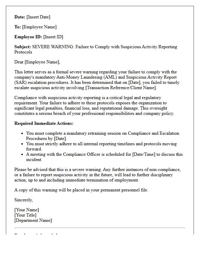 Severe Warning Letter for Non-Compliance in Suspicious Activity Escalation
