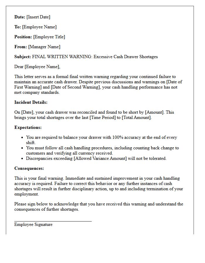 Final Written Warning Letter for Excessive Cash Drawer Shortages