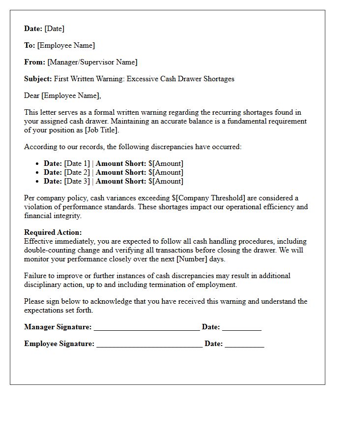 First Warning Letter for Excessive Cash Drawer Shortages