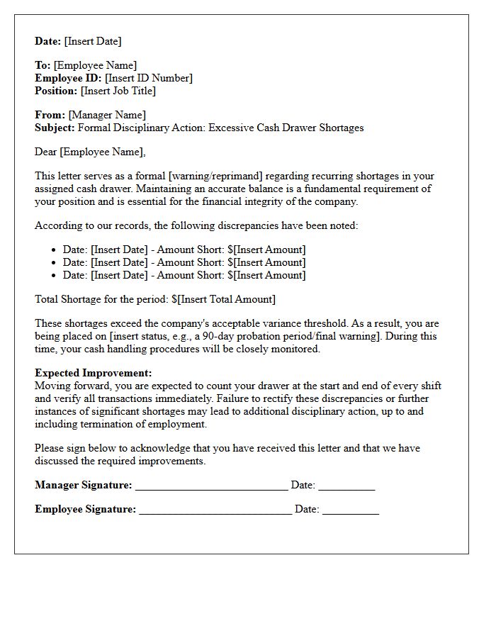 Formal Disciplinary Letter for Excessive Cash Drawer Shortages