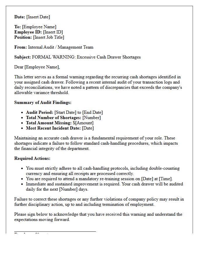 Internal Audit Warning Letter for Excessive Cash Drawer Shortages