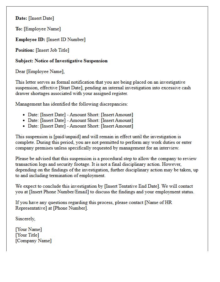 Investigative Suspension Letter for Excessive Cash Drawer Shortages