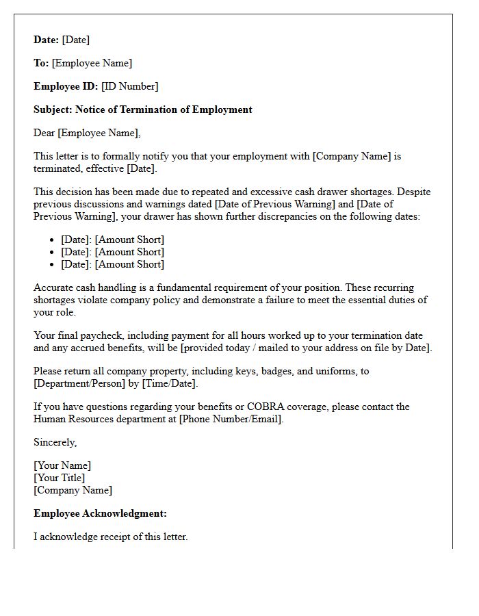 Notice of Termination Letter for Excessive Cash Drawer Shortages