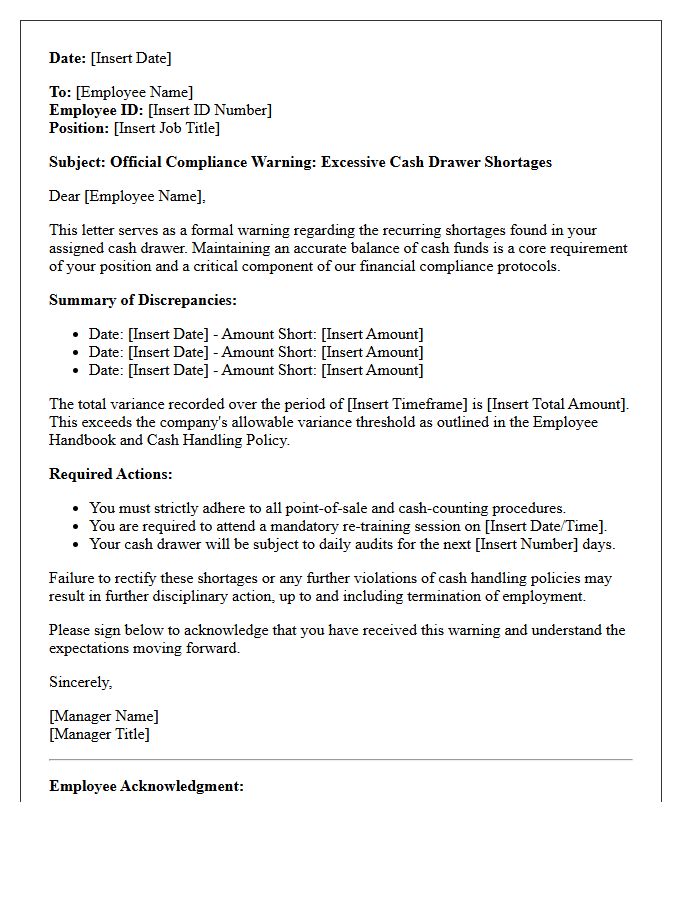 Official Compliance Warning Letter for Excessive Cash Drawer Shortages
