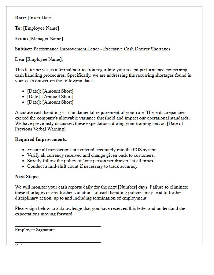 Performance Improvement Letter for Excessive Cash Drawer Shortages