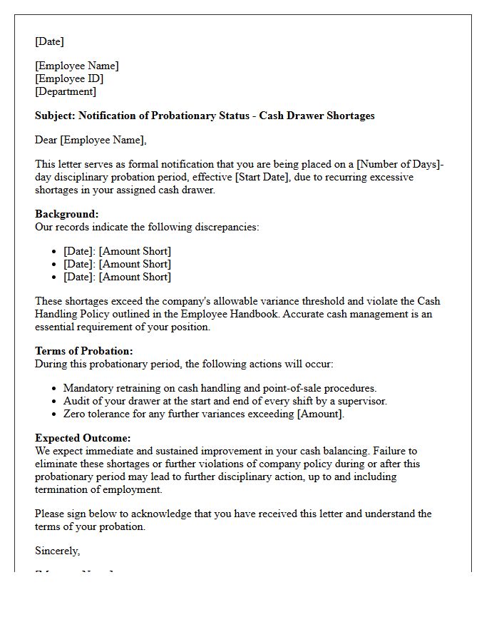 Probationary Status Letter for Excessive Cash Drawer Shortages