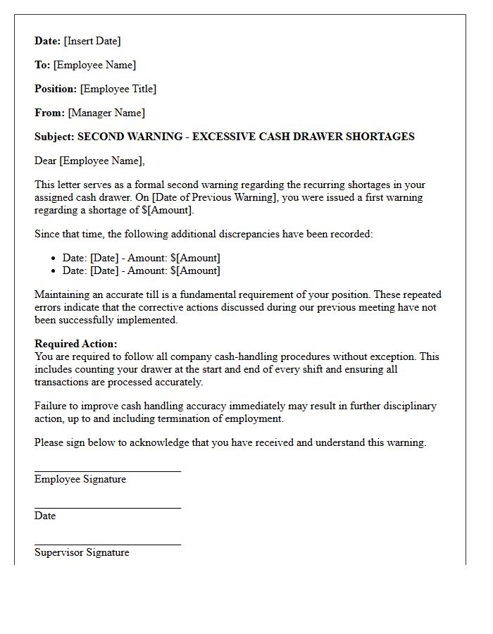 Second Warning Letter for Excessive Cash Drawer Shortages