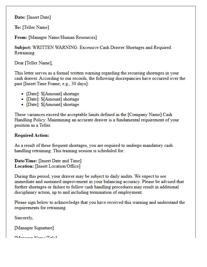 Teller Retraining Warning Letter for Excessive Cash Drawer Shortages