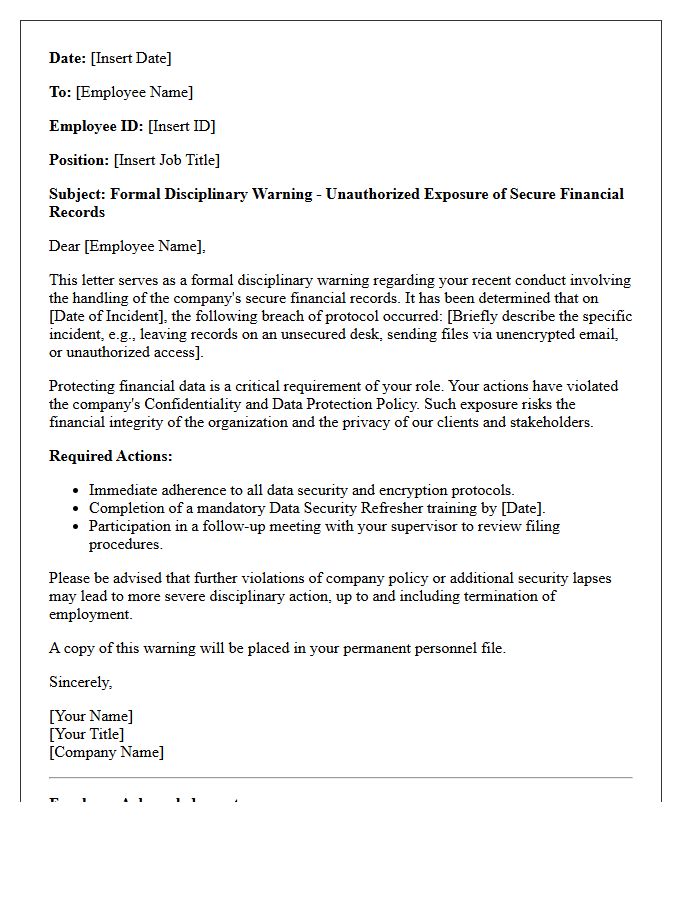 Disciplinary Warning Letter for Exposing Secure Financial Records