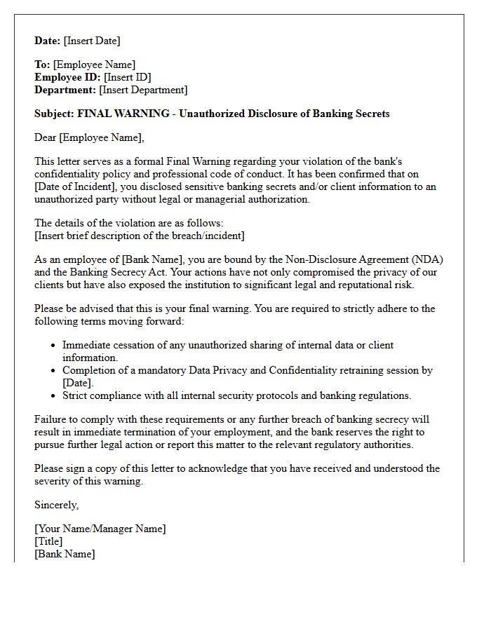 Final Warning Letter for Unauthorized Disclosure of Banking Secrets