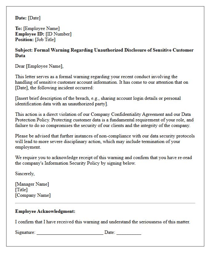 Formal Warning Letter for Sharing Sensitive Customer Account Data