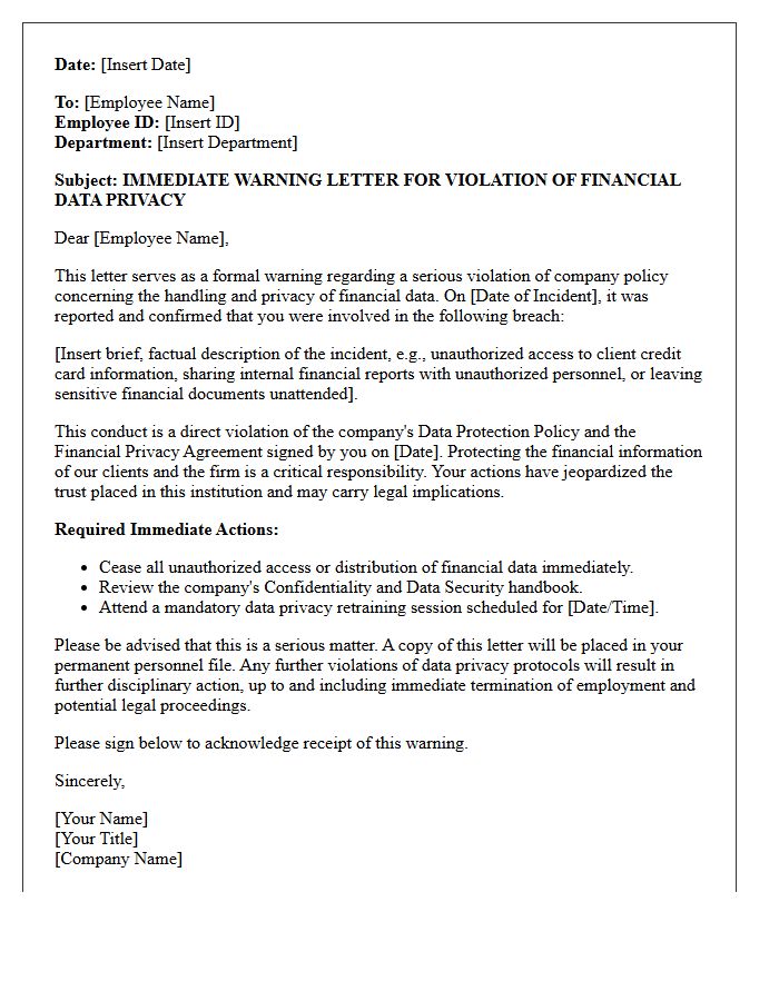 Immediate Warning Letter for Violation of Financial Data Privacy