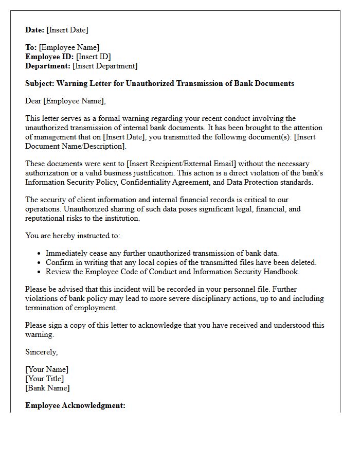 Internal Warning Letter for Unauthorized Transmission of Bank Documents