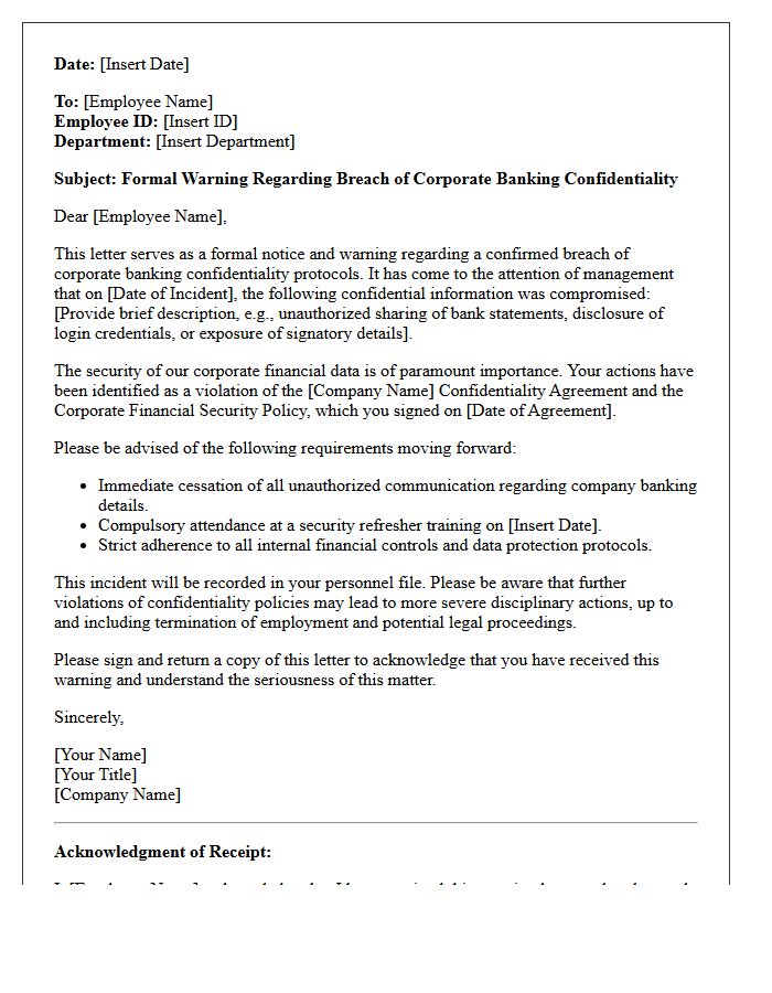 Notice and Warning Letter for Compromising Corporate Banking Confidentiality