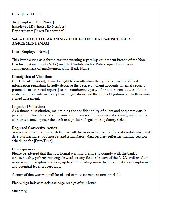 Official Warning Letter for Violating Bank Non-Disclosure Agreements