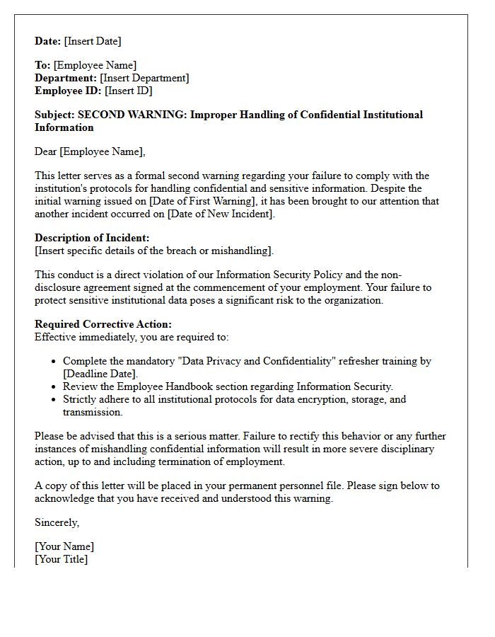 Second Warning Letter for Mishandling Confidential Institutional Information