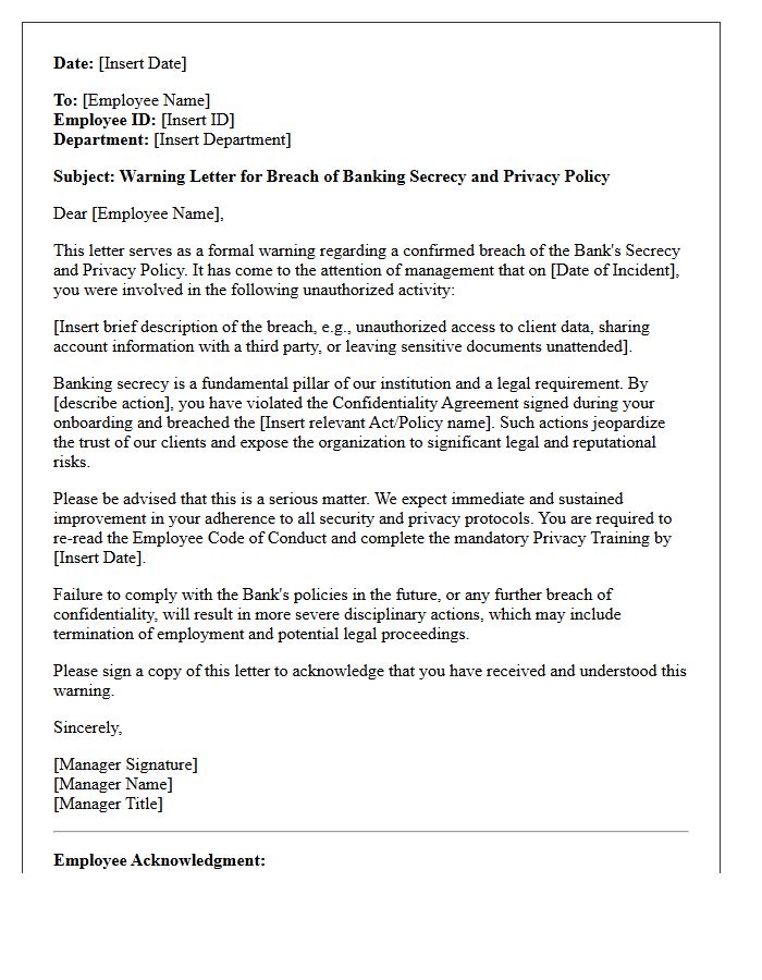 Warning Letter for Breach of Banking Secrecy and Privacy Policy