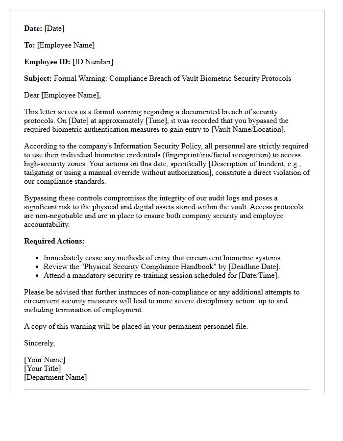 Compliance Warning Letter for Bypassing Vault Biometric Security Measures