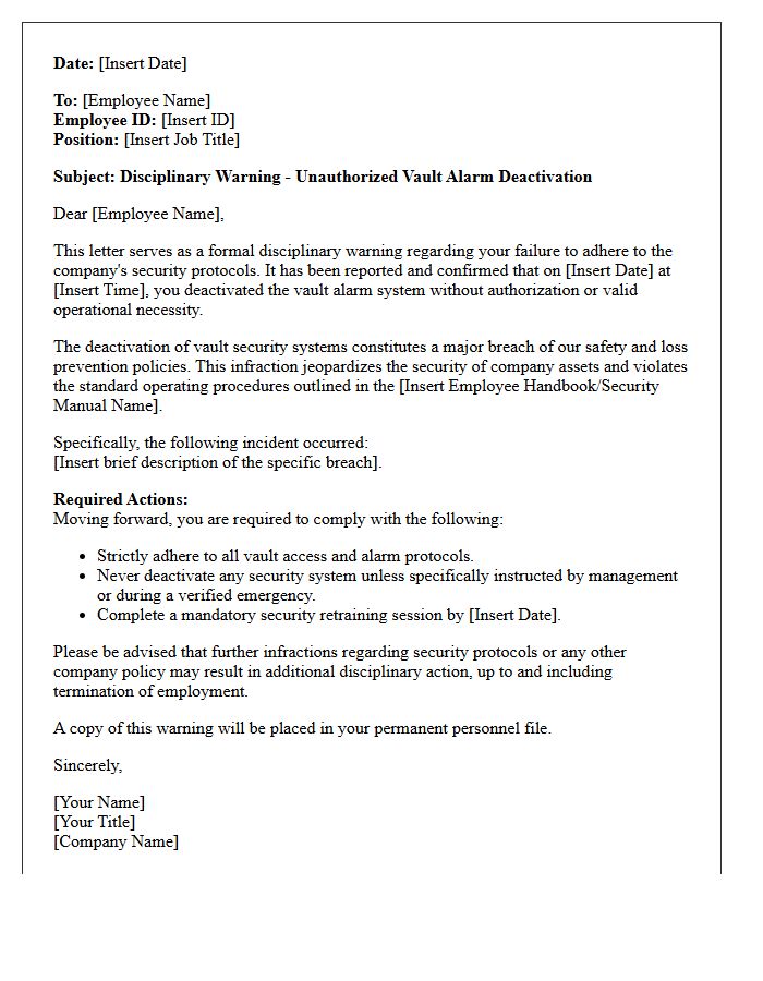 Disciplinary Warning Letter for Vault Alarm Deactivation Infractions