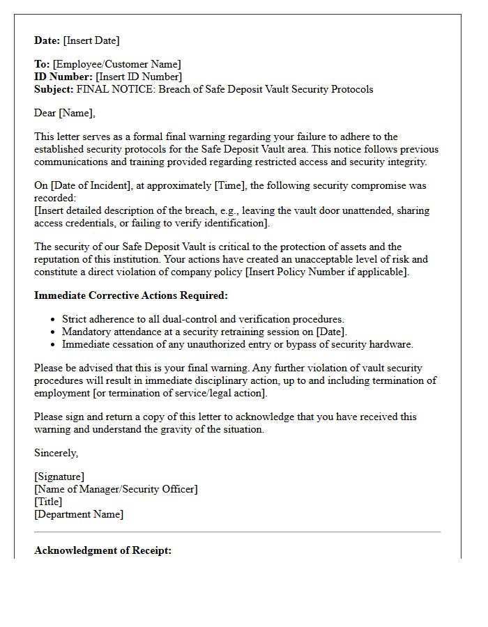 Final Notice Warning Letter for Compromising Safe Deposit Vault Security