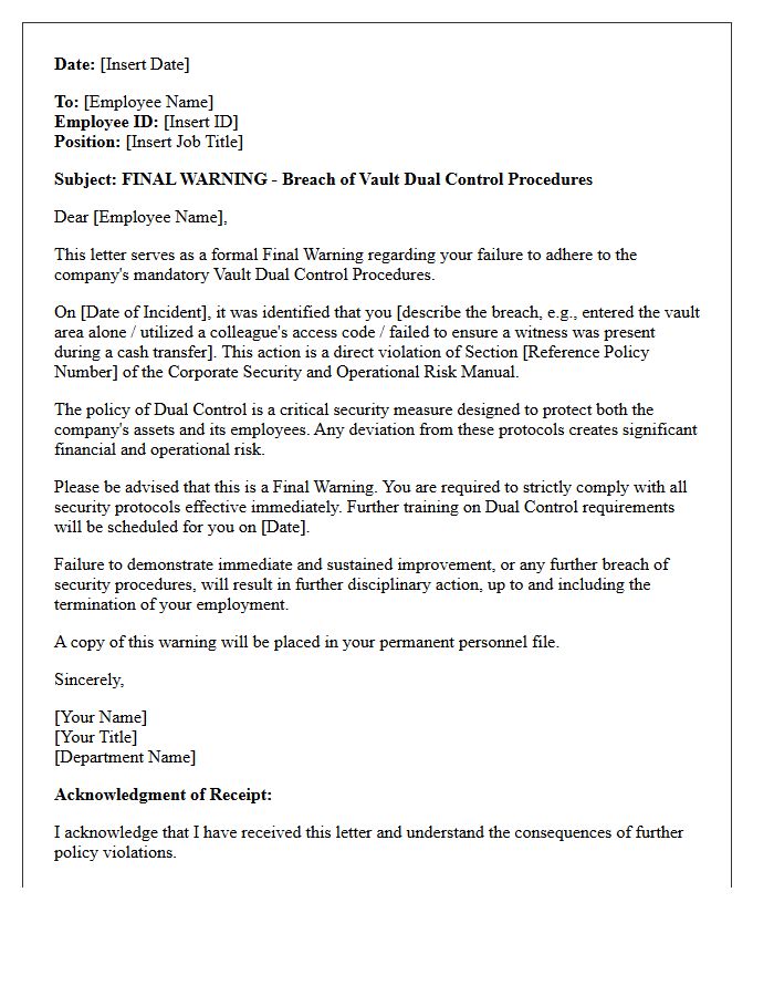 Final Warning Letter for Breach of Vault Dual Control Procedures