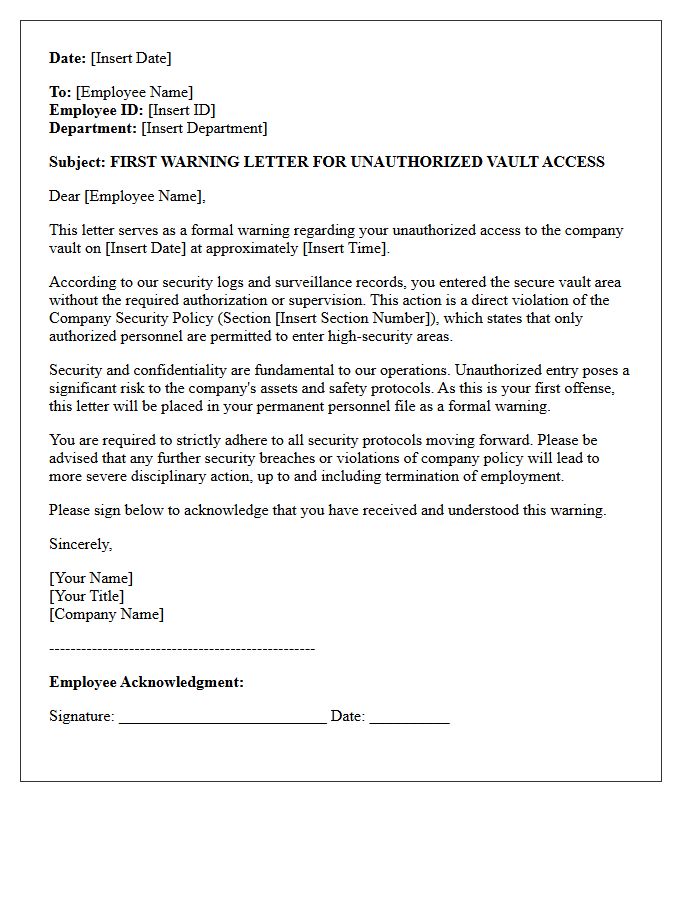 First Warning Letter for Unauthorized Vault Access