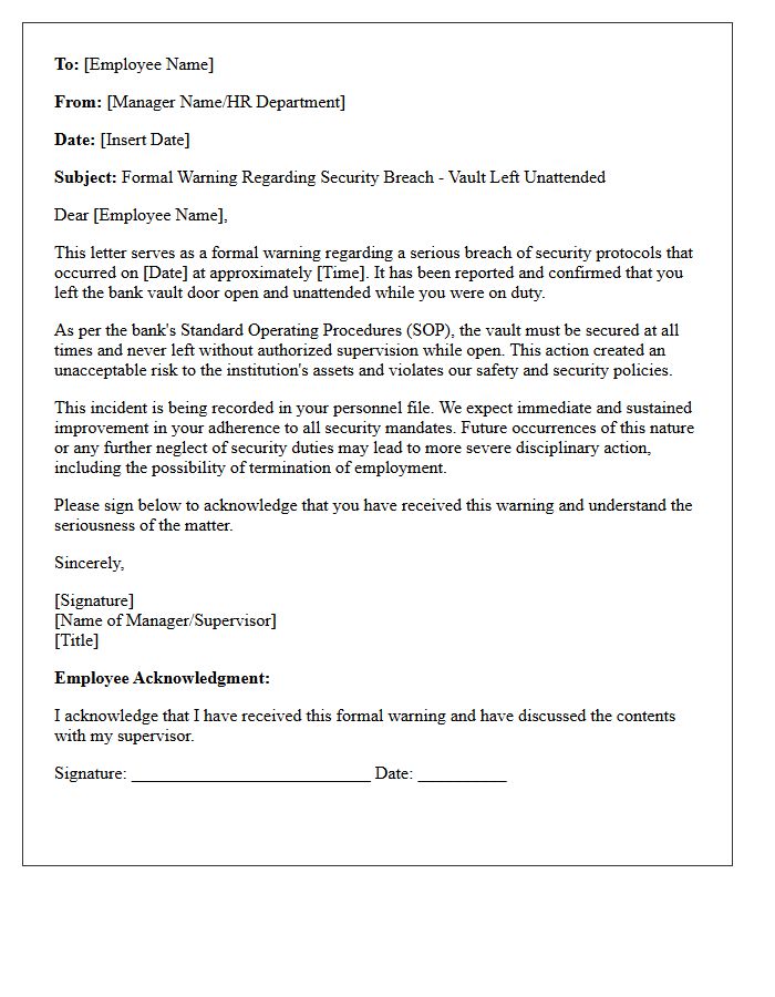 Formal Warning Letter for Leaving Bank Vault Unattended