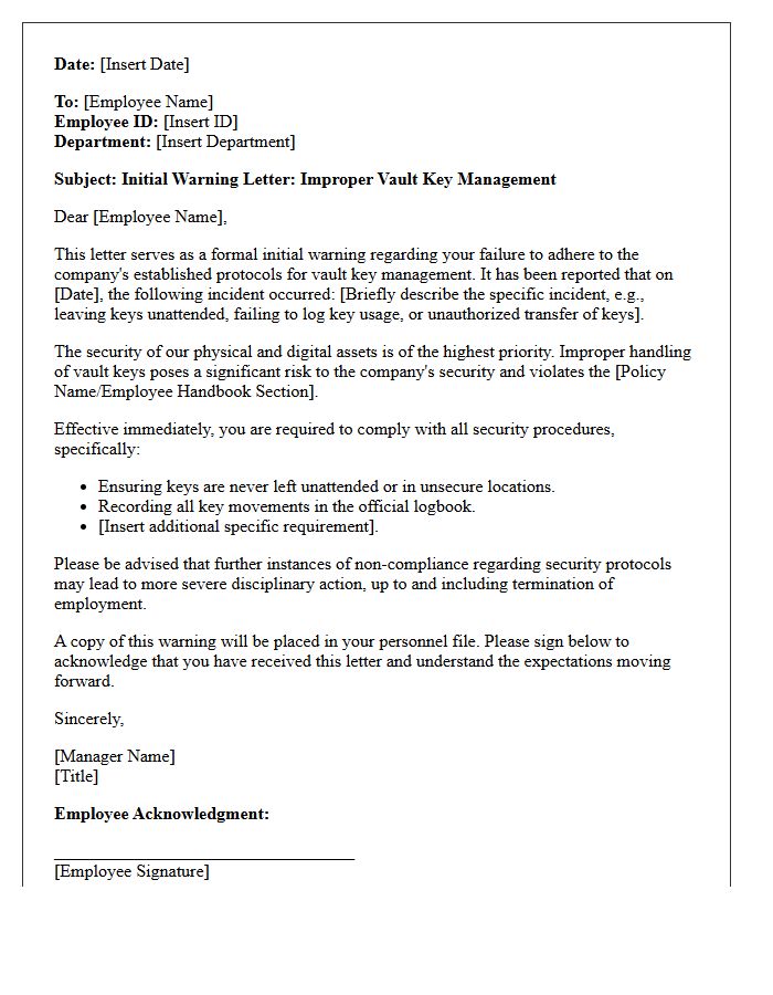 Initial Warning Letter for Improper Vault Key Management