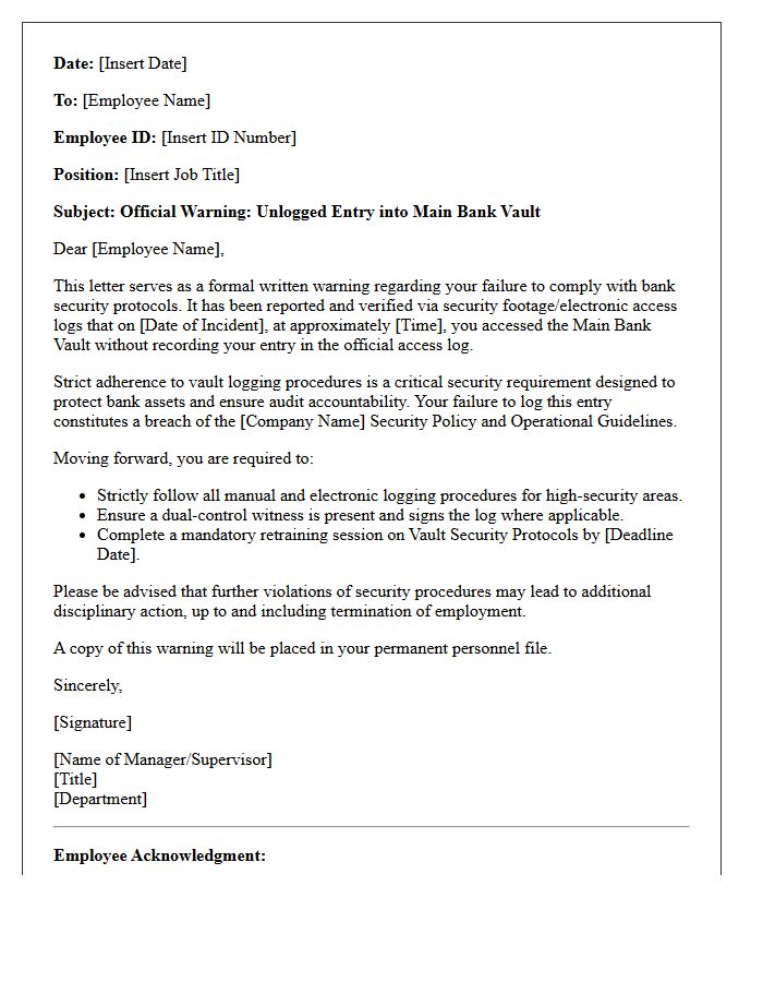 Official Warning Letter for Unlogged Entry Into the Main Bank Vault
