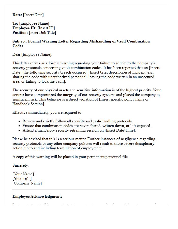 Warning Letter for Mishandling Vault Combination Codes