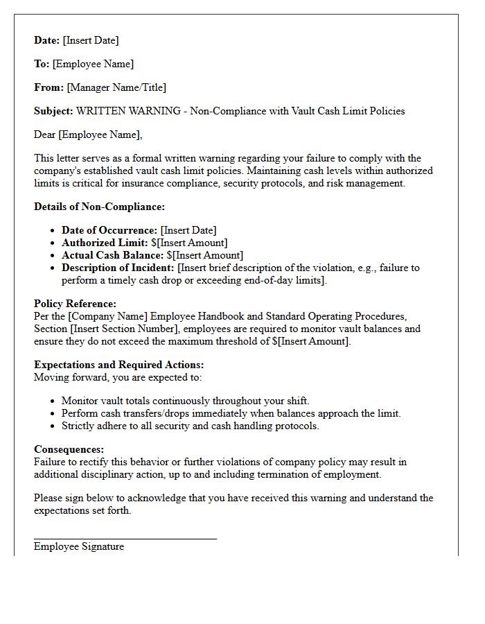 Written Warning Letter for Non-Compliance With Vault Cash Limit Policies