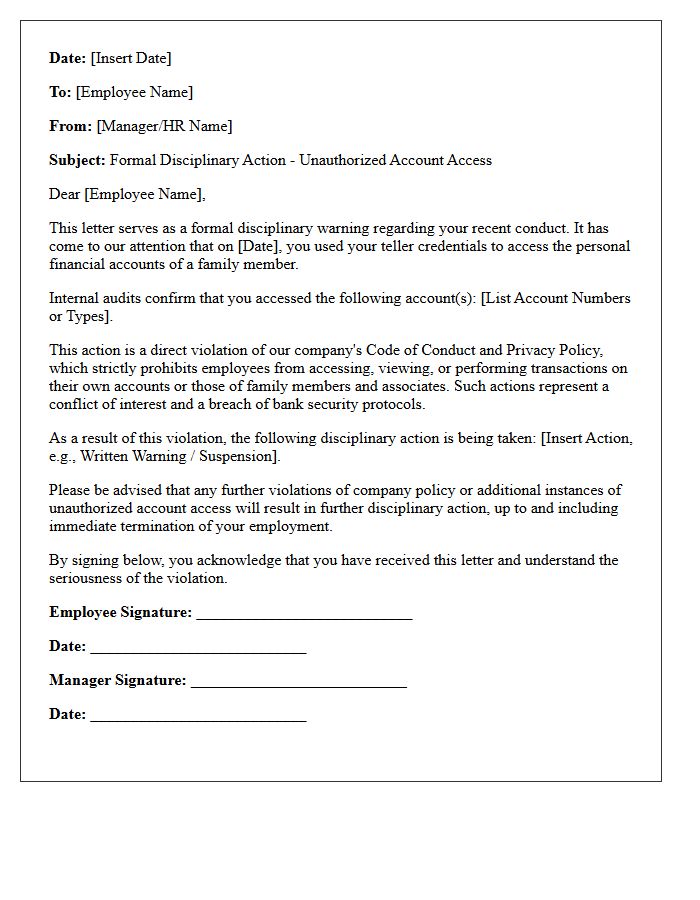 Disciplinary Letter for Accessing Family Accounts with Teller Credentials