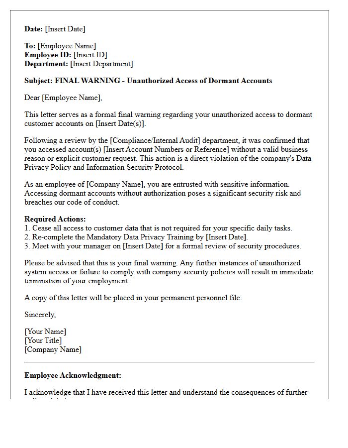 Final Warning Letter for Unauthorized Access of Dormant Accounts