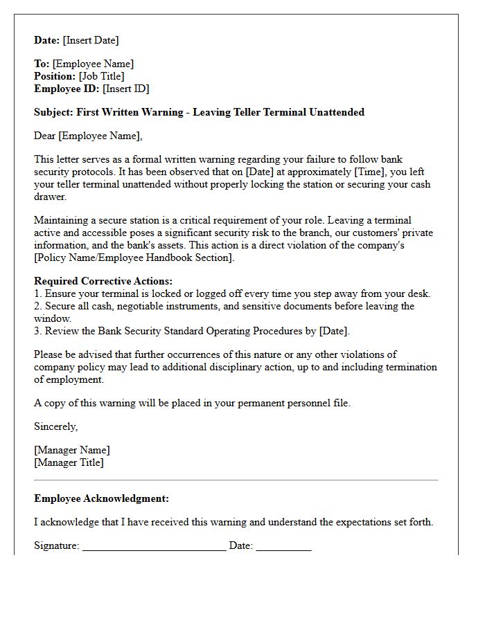 First Warning Letter for Leaving Teller Terminal Unattended