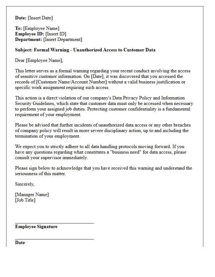 Formal Warning Letter for Accessing Customer Data Without Business Need