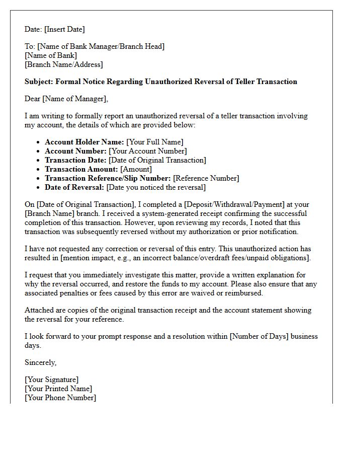 Notice Letter for Unauthorized Reversal of Teller Transactions