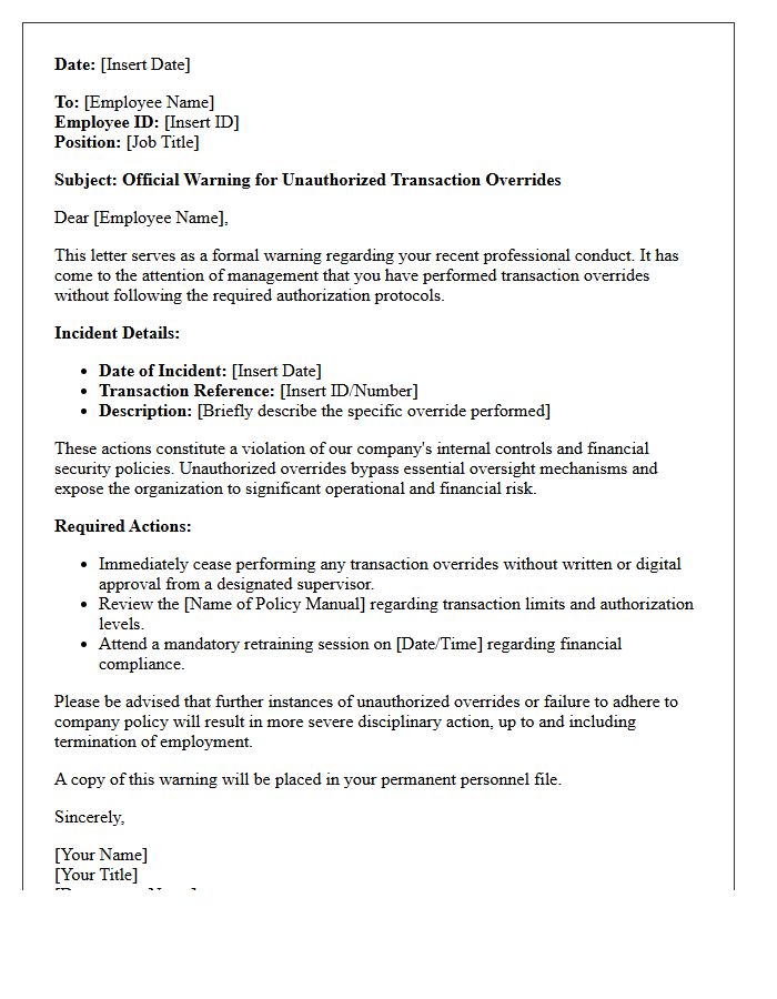 Official Warning Letter for Unauthorized Transaction Overrides