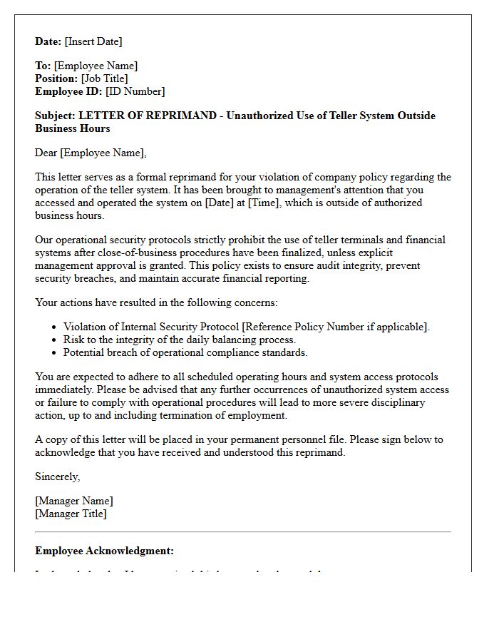 Reprimand Letter for Operating Teller System Outside Business Hours