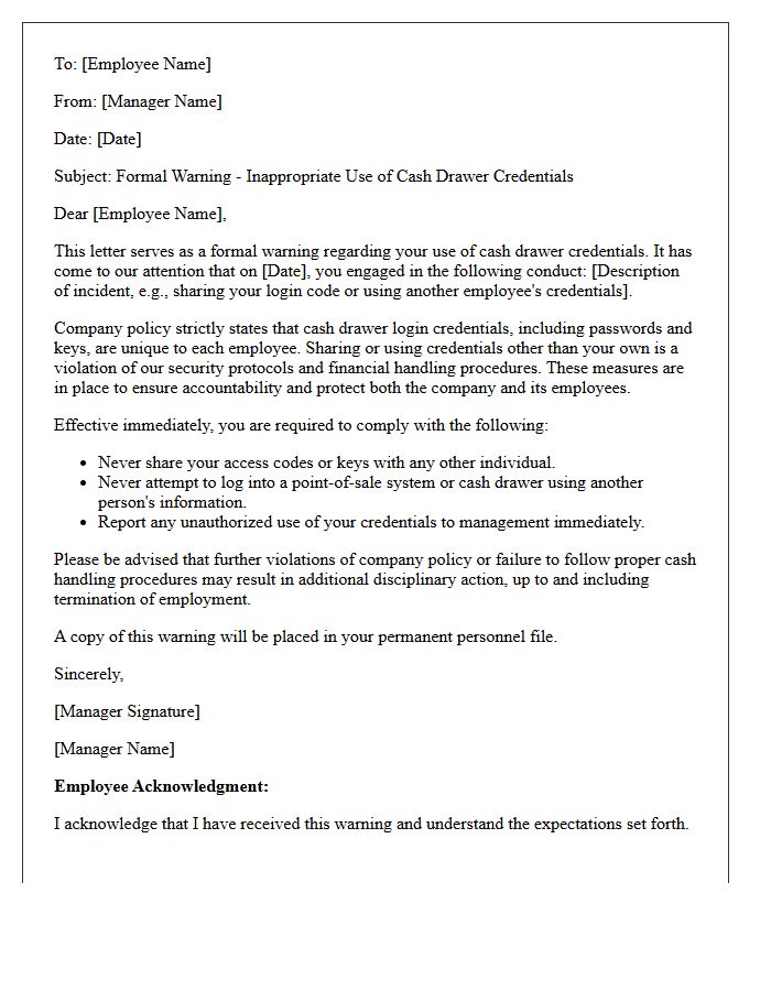 Warning Letter for Inappropriate Use of Cash Drawer Credentials