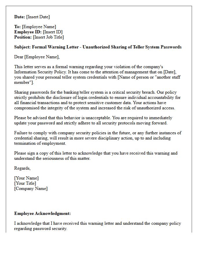 Warning Letter for Sharing Teller System Passwords