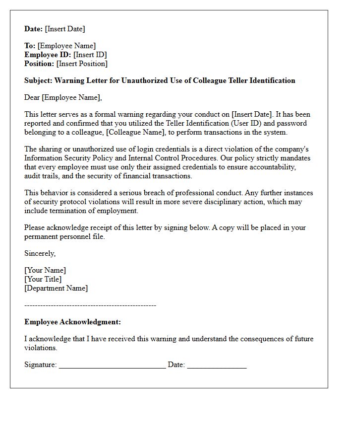 Warning Letter for Utilizing Colleague Teller Identification
