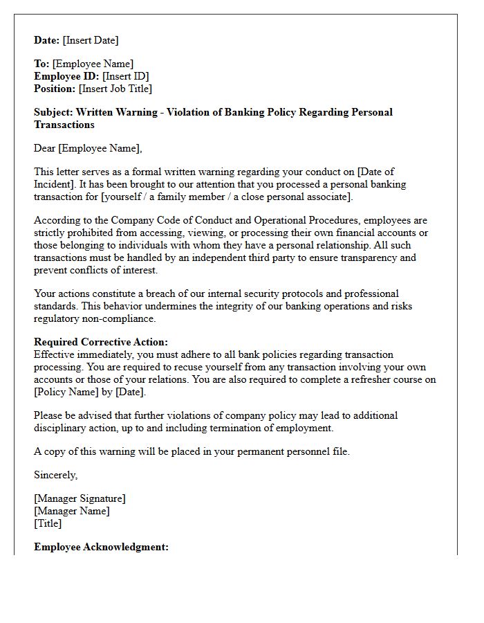 Written Warning Letter for Processing Personal Banking Transactions