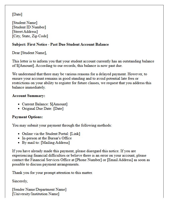 First Notice Letter for Past Due Student Account