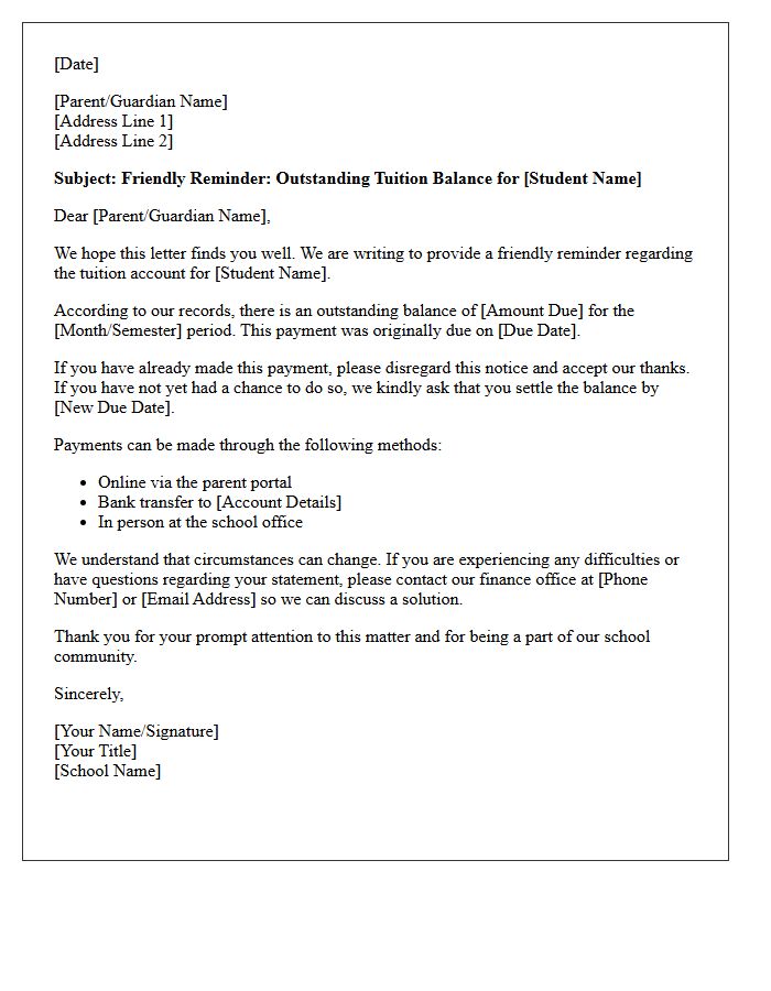 Friendly Reminder Letter Regarding Outstanding Tuition Balance