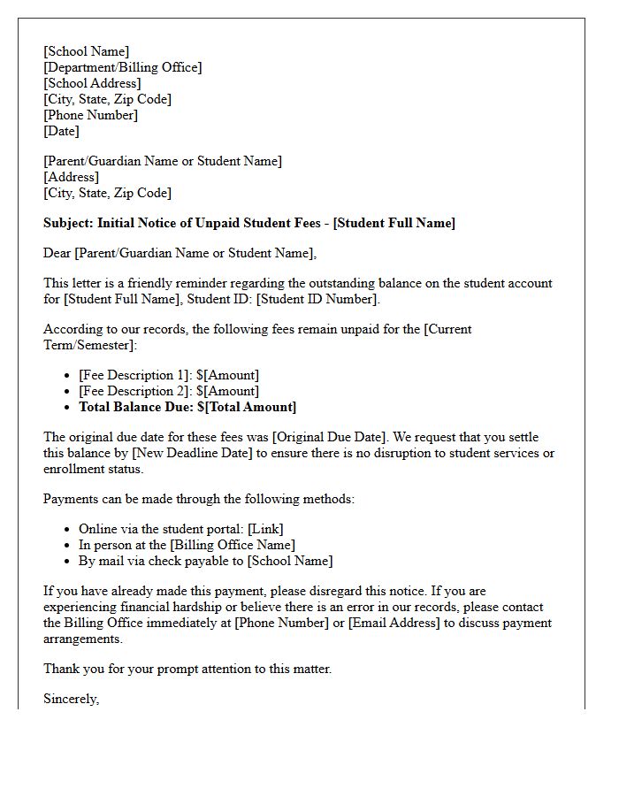 Initial Notice Letter for Unpaid Student Fees